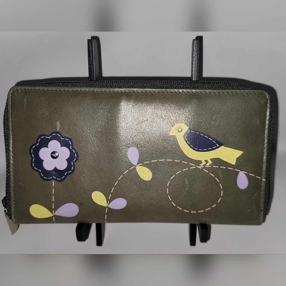 Stylish Olive Green Wallet with Bird & Flower Design